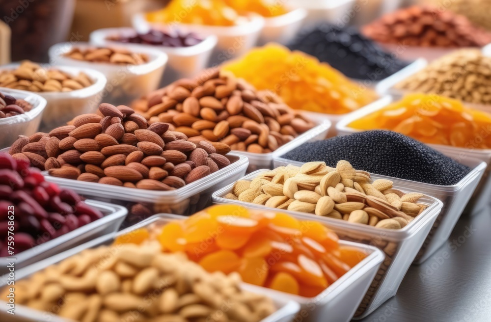 Nuts and dried fruits in containers are sold on the store counter