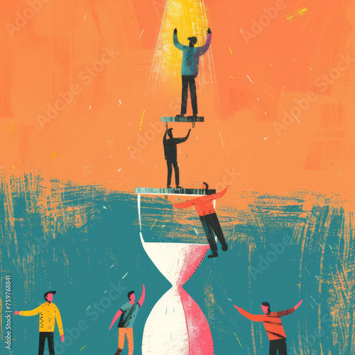 Colorful Line Illustration of Climbers Ascending Hourglass in Leadership Training Handbook Gen AI