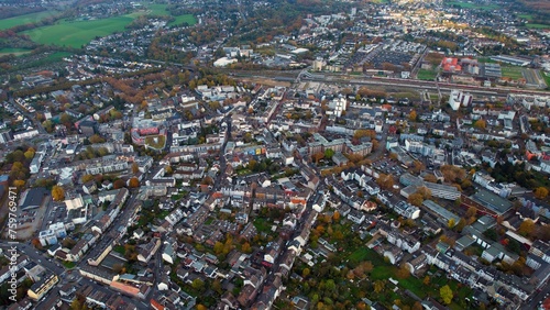 Aerial view of the downtown Leverkusen in Germany on a sunny noon in autumn 