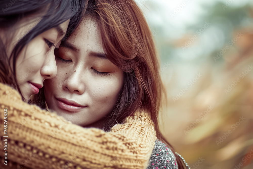 women are hugging each other, one of them wearing a yellow sweater. Concept of warmth and affection between the two women women are hugging each other, one of them wearing a yellow sweater. Concept of warmth and affection between the two women
