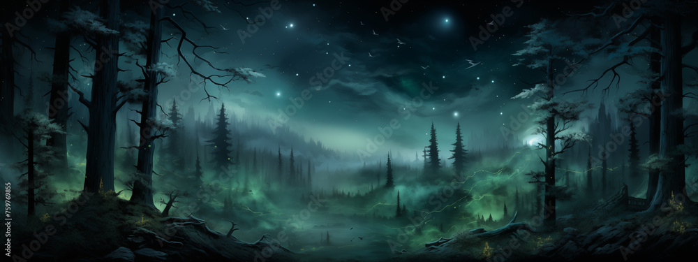 Ethereal Forest with Magical Green Aurora