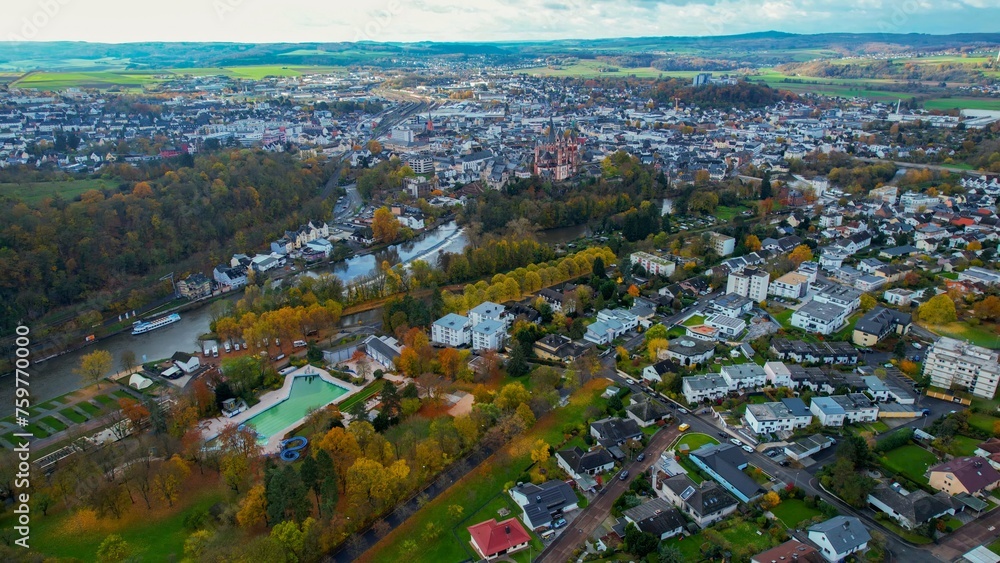 Aerial view of the old town and castle Limburg in Germany on a cloudy noon in autumn
