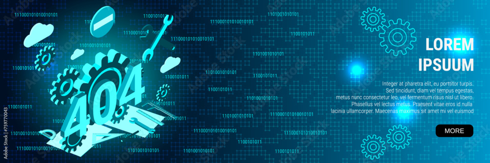 Obraz premium Digital technology banner vector design template. 404 error 3d isometric concept