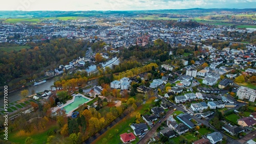 Aerial view of the old town and castle Limburg in Germany on a cloudy noon in autumn