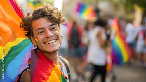 Young men on streets enjoying pride parade. LQBTQ supporting parade with the rainbow flag. photo