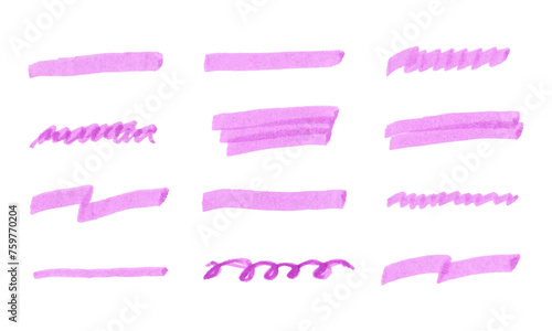 Pink doodle elements,  highlighters marker stripe. Collection brushes for underline note.  Vector set