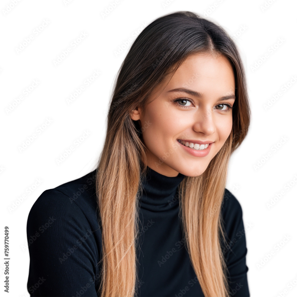 Closeup photo of beautiful smiling caucasian woman with long hair looking at camera. Headshot isolated on a transparent background Closeup photo of beautiful smiling caucasian woman with long hair looking at camera. Headshot isolated on a transparent background