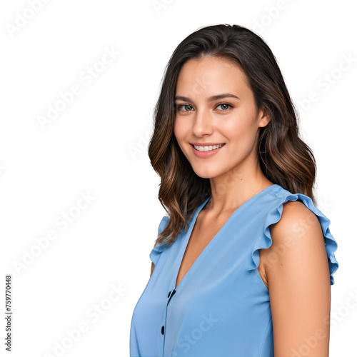 Closeup photo of beautiful smiling caucasian woman with long hair looking at camera. Headshot isolated on a transparent background