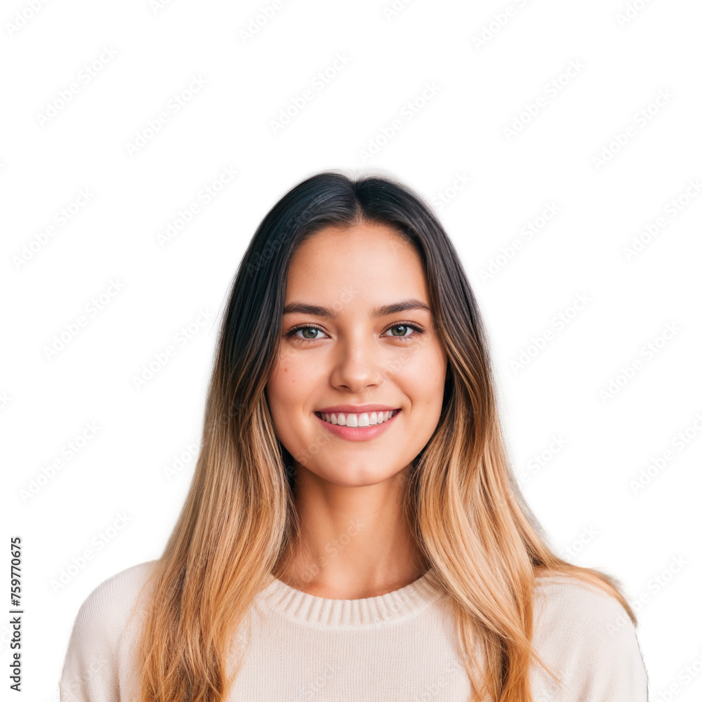 Closeup photo of beautiful smiling caucasian woman with long hair looking at camera. Headshot isolated on a transparent background Closeup photo of beautiful smiling caucasian woman with long hair looking at camera. Headshot isolated on a transparent background