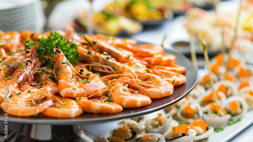Platter of prawns surrounded by assorted dishes.
