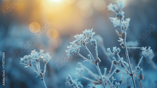 Frosted plants in the autumn forest with blue background