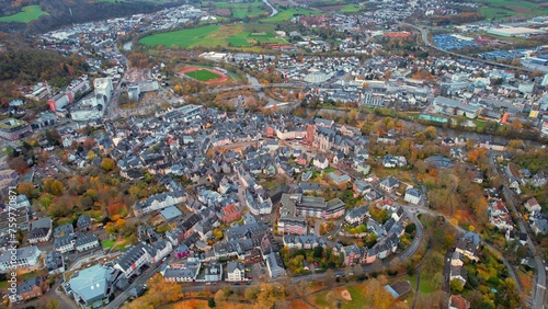 Aerial view of the old town of Wetzlar in Germany on a cloudy noon in autumn	