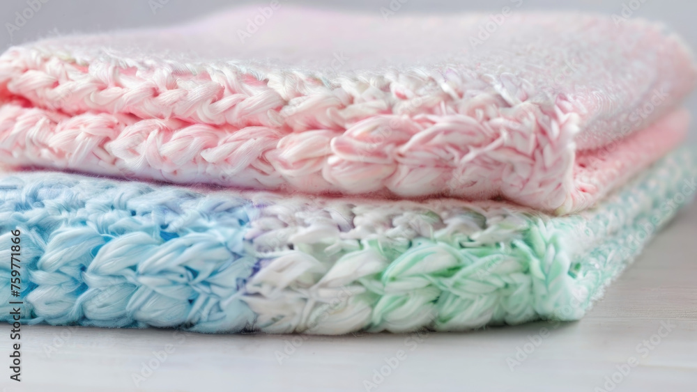 Close-Up of Stack of Handmade Knitted Items in Soft Pastel Yarn Shades. Pile of Cozy and Delicate Knitwear in Gentle Tones. Warm and Inviting Winter Wardrobe Essentials Concept Close-Up of Stack of Handmade Knitted Items in Soft Pastel Yarn Shades. Pile of Cozy and Delicate Knitwear in Gentle Tones. Warm and Inviting Winter Wardrobe Essentials Concept