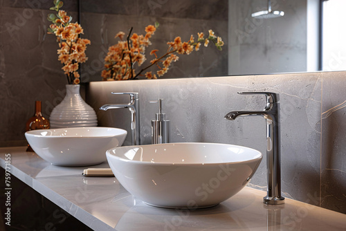White bathroom interior design, washbasin and faucet on white marble counter in modern luxury minimal washroom.