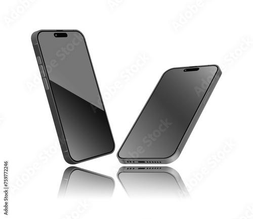 Realistic 3d smartphones and mobile phone mockup in a tilted position, with the front sides facing upwards and shadows. Vector illustration
