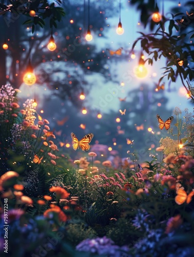 Fireflies weaving through a twilight garden party, music floating in the air 3d rendering,