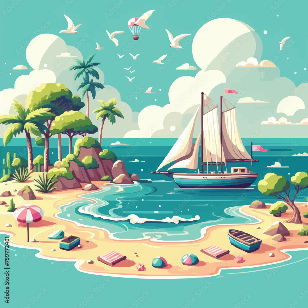 free vector Boat sail and Beach island tree sunset landscape vector illustration 