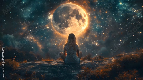 A girl meditates against the backdrop of a large moon. Yoga  astrology concept.