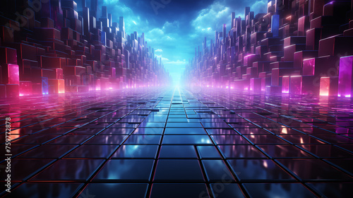 Blocks wall and grid corridor surreal landscape with neon light  virtual reality cyberspace and digital technology concept  futuristic abstract background. Generative AI