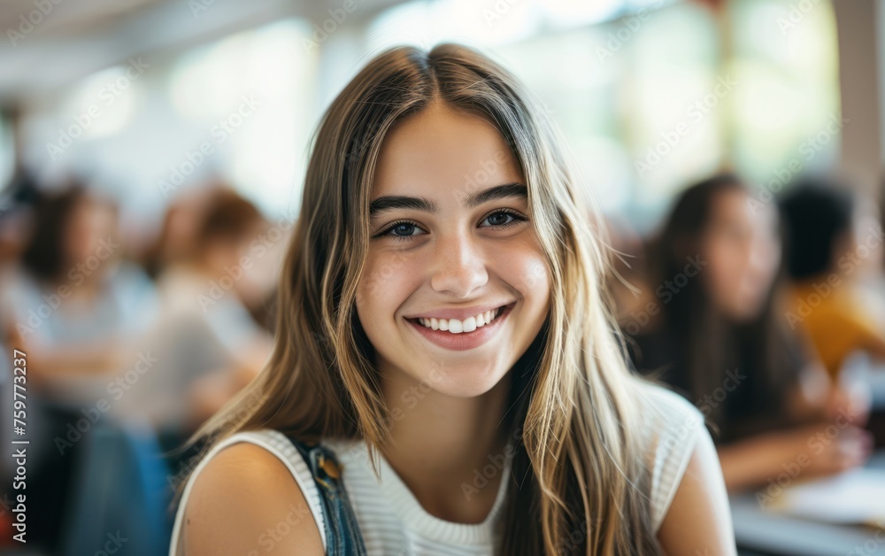 Close up portrait of smiling teen girl student in classroom. Selective focus.