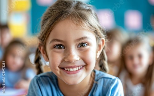 Close up portrait of smiling little girl student in classroom. Selective focus.