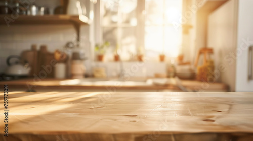 kitchen table background, wood counter top on blur of white clean abstract home interior with bokeh.  used for display or montage your wooden for dining background. tabl banner, podium