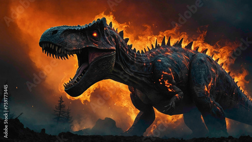 dinosaurs with wings scary face with burning fire abstract background of the animals of earlier century   photo