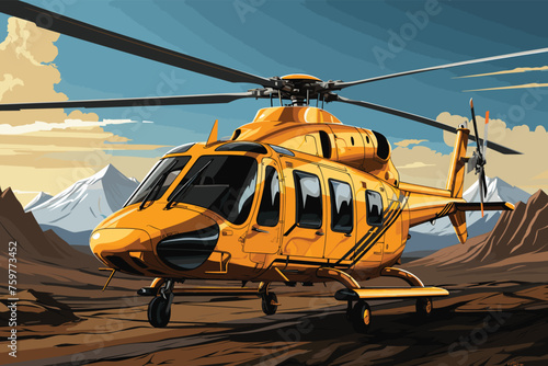 Yellow small military transport helicopter on white isolated background. The helicopter rescue service. Air taxi. Helicopter for police, fire, ambulance and rescue service. 3d illustration.