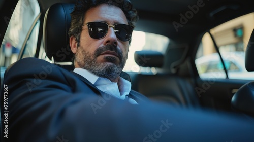 A man in a suit with sunglasses in the back seat of a car, in the style of a meticulous design. The concept of a successful and successful businessman,