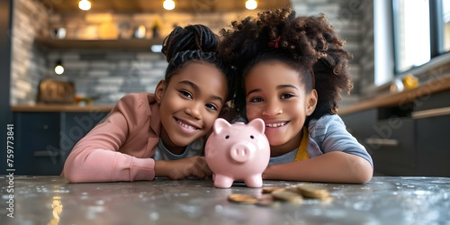 Mother and daughter of African descent happily saving coins in piggy bank. Concept Mother daughter bonding, Financial education, African heritage, Saving money, Piggy bank tradition