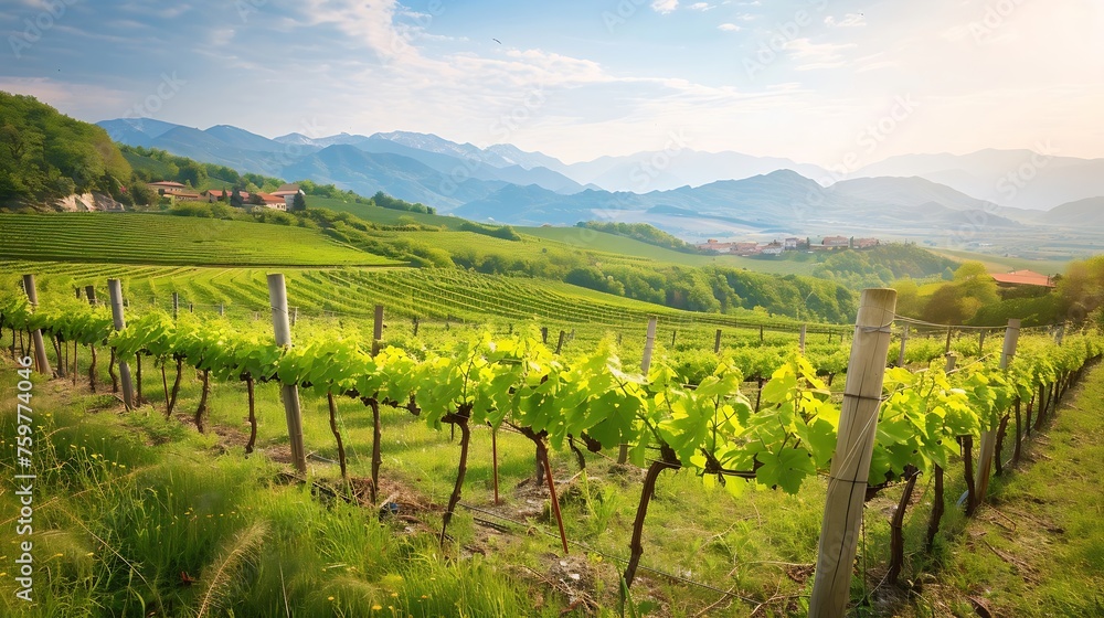 Generative AI : Sunny vineyard on the hills of Vipava valley, Slovenia. Spring rural landscape