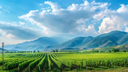 Generative AI : Wine vineyards over the farmlands valley next to high mountain terrain a scenic landscape.