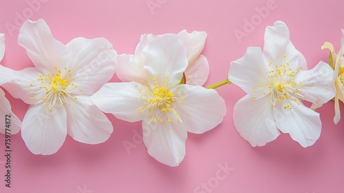 Generative AI : Template white flowers with yellow stamens placed on a pink background.