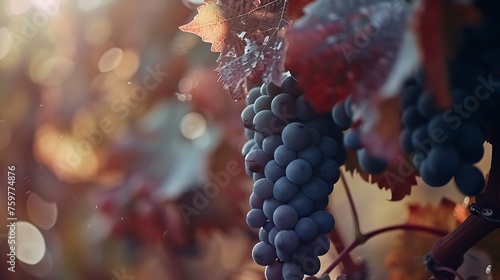 Generative AI : Red wine grapes on its vine ready to be harvested in Italian wine season photo