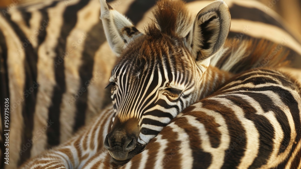 Fototapeta premium Wide angle shot of a baby zebra sleeping in its mother's arms in the forest.
