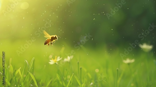 Generative AI : Blurred close up bee insect flying on flower, beautiful nature in grass field © The Little Hut