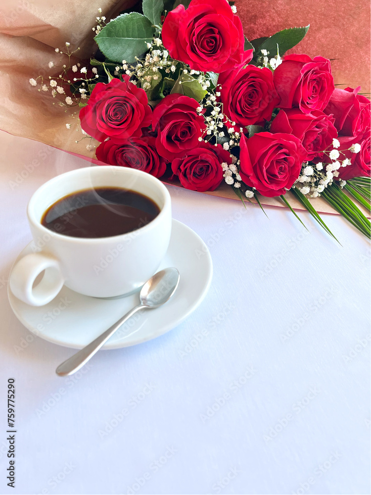 Bouquet of red roses and a cup of coffee. love confession. Romantic greeting card. Bouquet of red roses and a cup of coffee. love confession. Romantic greeting card.
