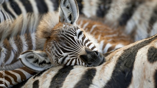 Wide angle shot of a baby zebra sleeping in its mother's arms in the forest.