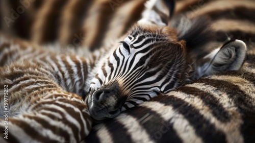 Wide angle shot of a baby zebra sleeping in its mother's arms in the forest.