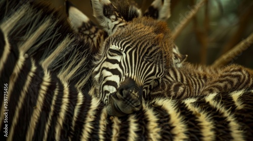 Wide angle shot of a baby zebra sleeping in its mother's arms in the forest.