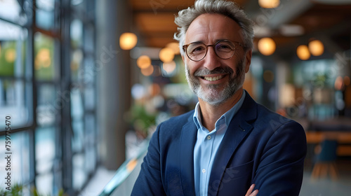 portrait of successful senior businessman consultant looking at camera and smiling inside modern office building