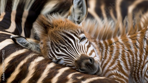 Wide angle shot of a baby zebra sleeping in its mother's arms in the forest.