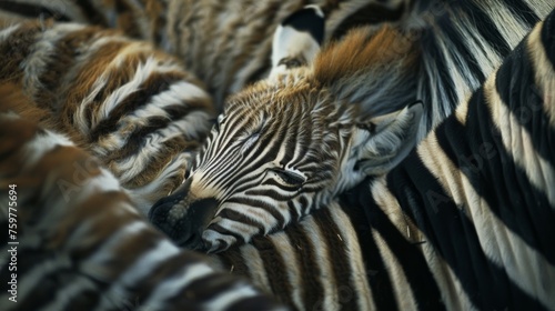 Wide angle shot of a baby zebra sleeping in its mother's arms in the forest.