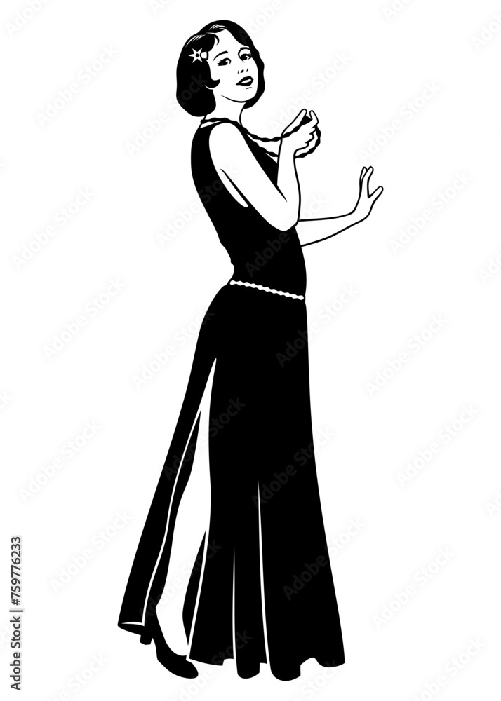 Fototapeta premium Flapper Girl. Pretty Lady 1920s in long dress. Black and white ink style vector clipart isolated on white.
