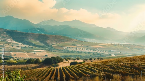 Generative AI : Wine vineyards over the farmlands valley next to high mountain terrain a scenic landscape.