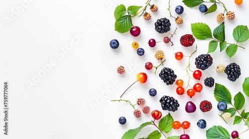 Generative AI : Colorful group of mixed wild berries with leaves on white background. Clipping path