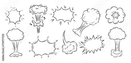 Explosion doodle, bomb element. Comic zap, boom, bam smoke sketch elements.