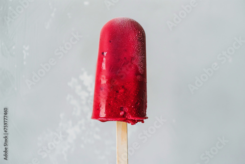 fruity red ice cream on a stick  white background, summer colors © CHPhotos