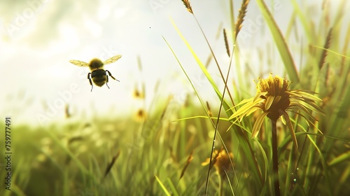 Generative AI : Blurred close up bee insect flying on flower, beautiful nature in grass field © The Little Hut
