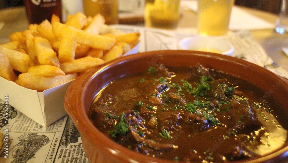 Carbonnades (Flemish stew), a traditional Belgian dish at a restaurant